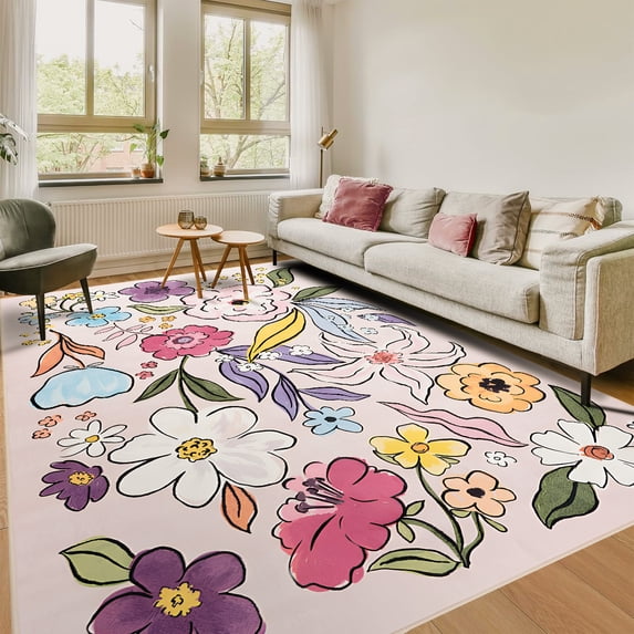 Ultrug Floral Area Rugs Boho Rugs Flower Print Carpet for Bedroom Living Room Office Nursery Home Decor,5'x8',Pink