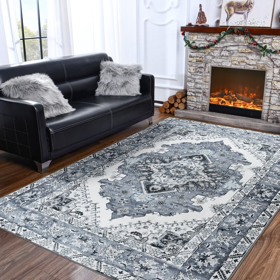 Lochas Vintage Boho Fluffy Rug Chenille Low Pile Area Rugs for Bedroom Living Room Indoor Floor Carpet Home Decor,9'X11',Gray