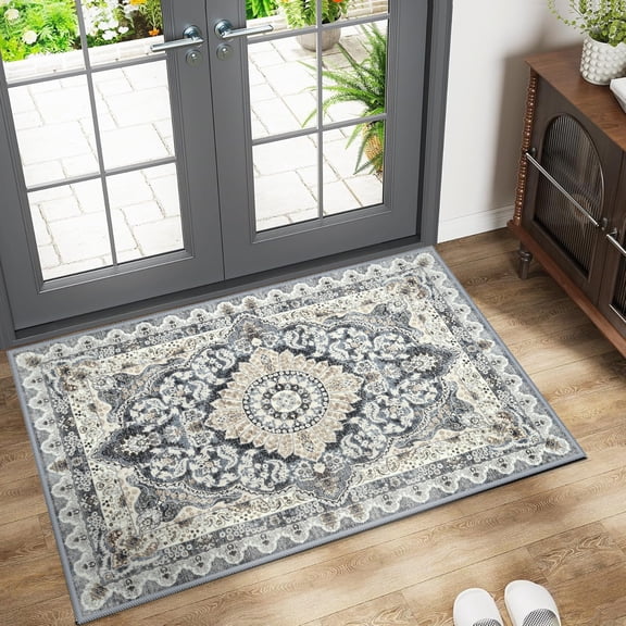 Ultrug Vintage Floral Print Rugs Soft Boho Carpet Retro Distressed Area Rug for Living Room Bedroom Home Decor,2'x3',Blue