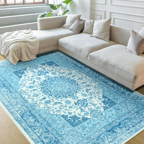 Ultrug Vintage Floral Print Rugs Soft Boho Carpet Retro Distressed Area Rug for Living Room Bedroom Home Decor,4'x6',Blue