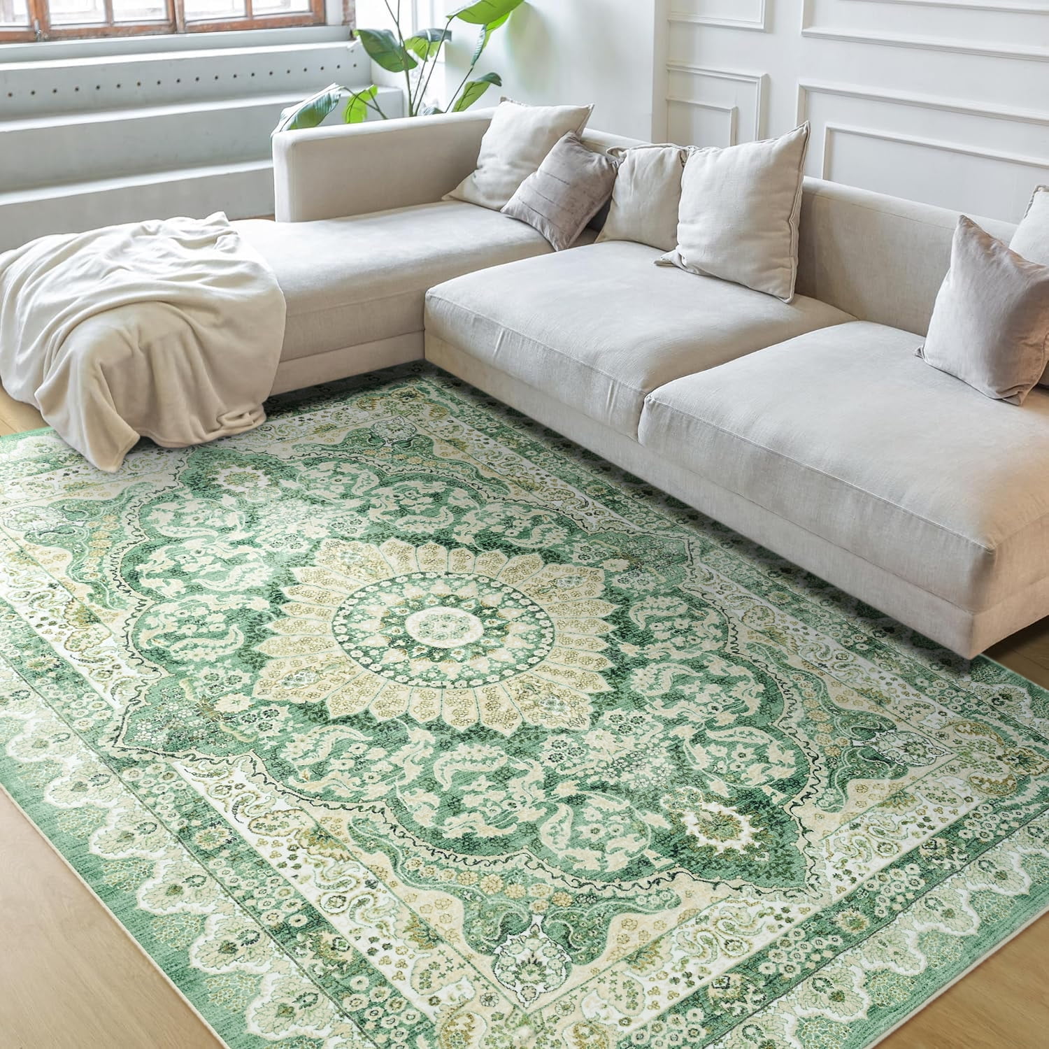 Ultrug Vintage Floral Print Rugs Soft Boho Carpet Retro Distressed Area Rug for Living Room Bedroom Home Decor,4'x6',Green