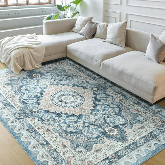 Ultrug Vintage Floral Print Rugs Soft Boho Carpet Retro Distressed Area Rug for Living Room Bedroom Home Decor,5'x7',Blue