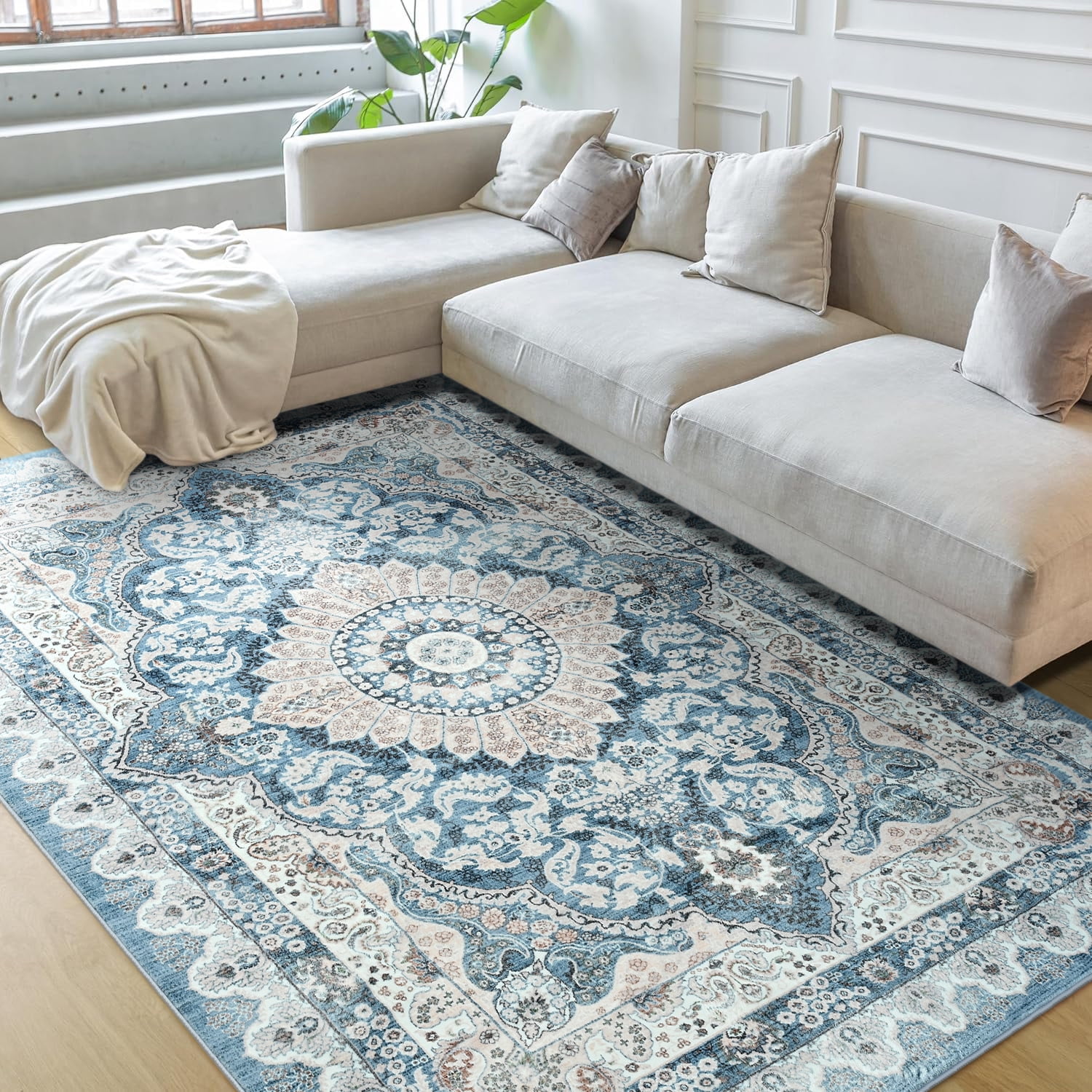 Ultrug Vintage Floral Print Rugs Soft Boho Carpet Retro Distressed Area Rug for Living Room Bedroom Home Decor,6'x9',Blue