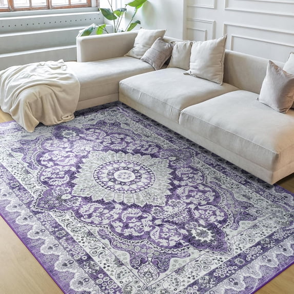 Ultrug Vintage Floral Print Rugs Soft Boho Carpet Retro Distressed Area Rug for Living Room Bedroom Home Decor,6'x9',Purple