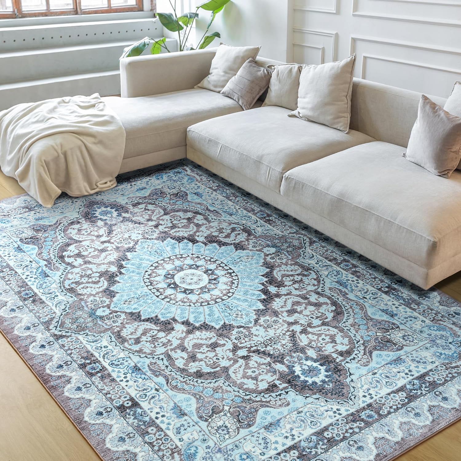 Ultrug Vintage Floral Print Rugs Soft Boho Carpet Retro Distressed Area Rug for Living Room Bedroom Home Decor,8'x10',Brown