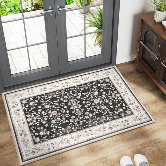 Ultrug Vintage Floral Print Rugs Soft Carpet Retro Area Rug for Living Room Bedroom Home Decor,2'x3',Black & Pink