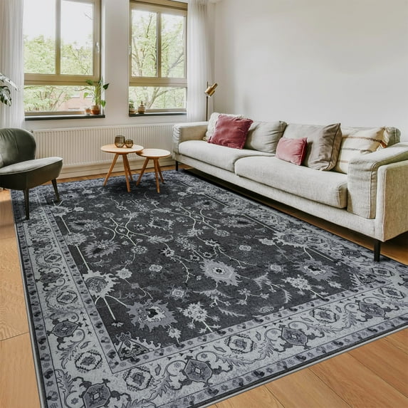 Ultrug Vintage Floral Print Rugs Soft Carpet Retro Area Rug for Living Room Bedroom Home Decor,4'x6',Black