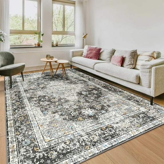 Ultrug Vintage Floral Print Rugs Soft Carpet Retro Area Rug for Living Room Bedroom Home Decor,6'x9',Dark Gray