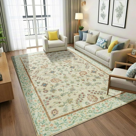 Ultrug Vintage Floral Rugs Soft Boho Area Rug Indoor Carpet for Living Room Bedroom Home Decor,6'x9',Light Yellow