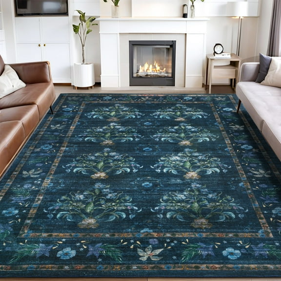 Ultrug Vintage Rugs Floral Printed Area Rug Soft Carpet for Living Room Bedroom Home Decor,6'x9',Dark Blue
