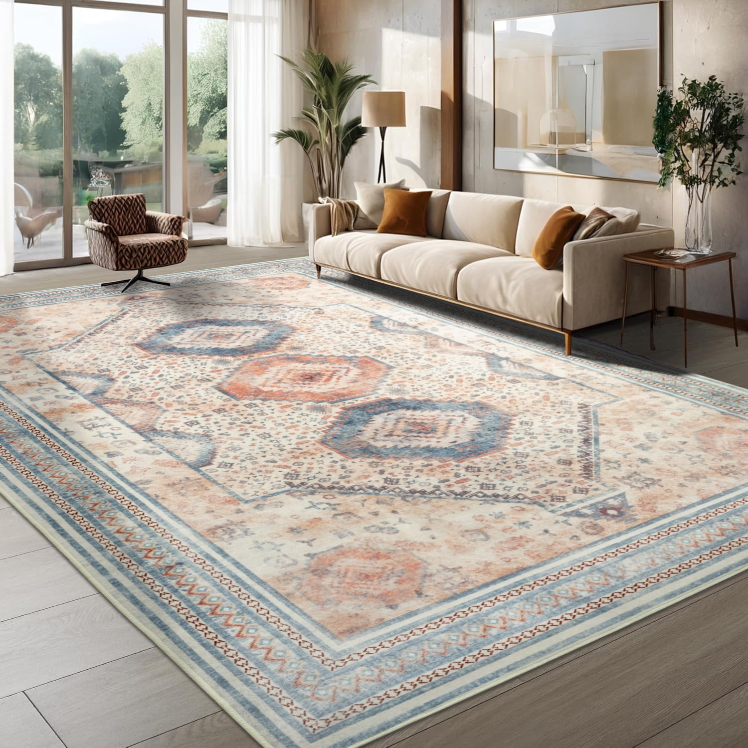 Vintage Boho 4' x 6' Blue and Orange Synthetic Area Rug
