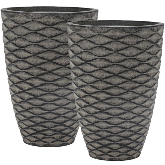 Ultym 19 inch Resin Tall Planters Set of 2 Black Wavy Texture Indoor Outdoor Patio Garden