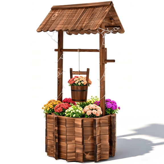 Ultym 54 inch Fir Wood Wishing Well Planter with LED Lights for Outdoor Garden Decor