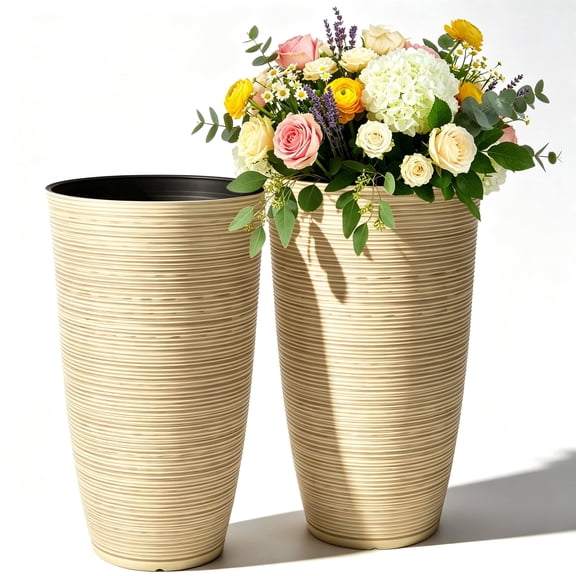 Ultym 23.5 inch Plastic Tapered Planters Set of 2 Cream Beige Linear Texture