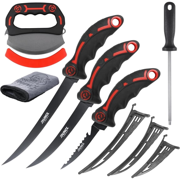 Ulu & Fillet Knife Set 5, 7, 9 German High Carbon Steel Blades with Sheaths, Non-Slip Handles, Honing Rod & Carry Bag, Mezzaluna Knife for Kitchen, BBQ, Camping & Fishing, Birthday Gift for Men