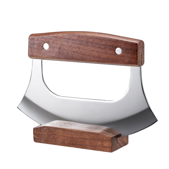 Ulu Rocker Mezzaluna Knife with Walnut Stand, Brown, for Pizza, Meat, Vegetables, Salad
