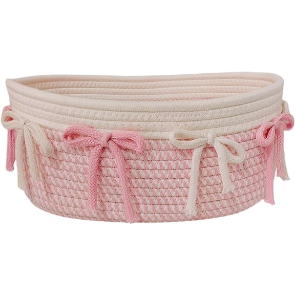 Ulxkmt 1 Pink Handmade Bow Knot Cotton Rope Storage Baskets Sundry Cosmetic Organizer for Bedroom