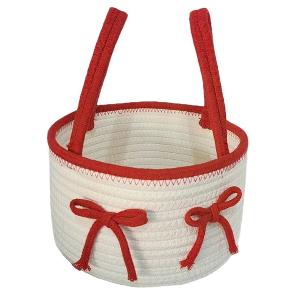 Ulxkmt 1 White Cotton Thread Knitted Storage Baskets Woven with Handle Boho Decorative Organizer