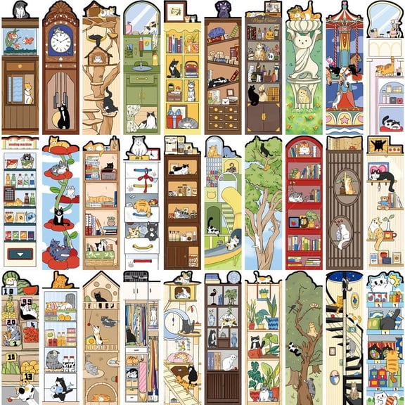 Ulxkmt 30Pcs Cartoon Cat Themed Paper Bookmarks Set Cute Page Markers for Book Lovers 4x15cm