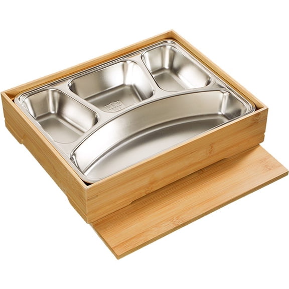Ulxkmt Type A Bamboo Stainless Steel Bento Box Divided Japanese Lunch Container for Restaurant Home 23.5x29.5cm