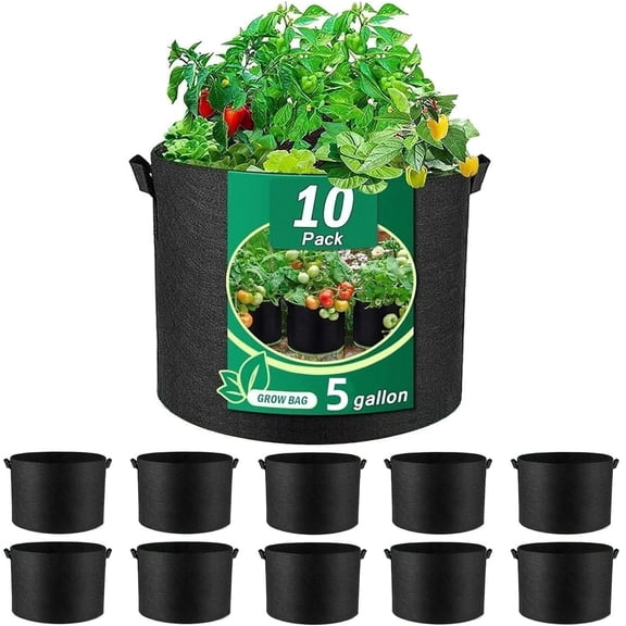 Umailgoo 10-Pack 5 Gallon Grow Bags, Vegetable/Flower/Plant Grow Bags, Aeration Fabric Pots with Handles (Black)
