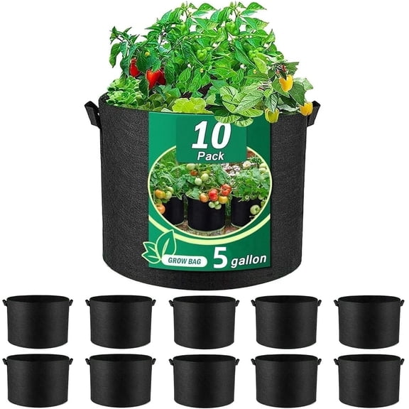 Umailgoo 10-Pack 5 Gallon Grow Bags, Vegetable/Flower/Plant Grow Bags, Aeration Fabric Pots with Handles (Black)
