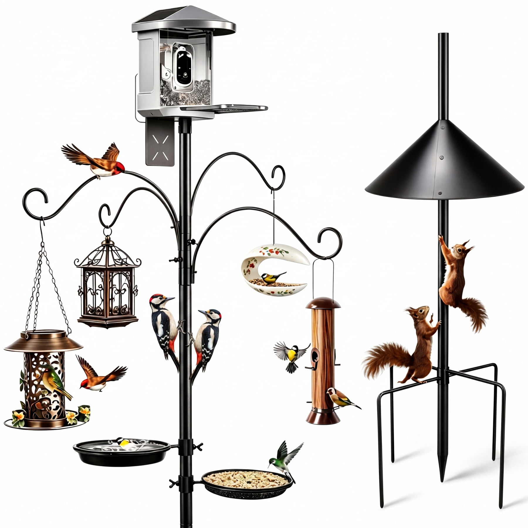 Umailgoo 92" Bird Feeder Pole with Squirrel Proof Baffle & 4 Shepherds Hooks- Adjustable Heavy Duty Bird House Feeding Station Stand Kit with 5-Prong Anchor for Outdoor Garden