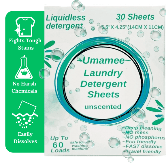 Umamee Laundry Detergent Sheets, Fragrance-Free, Eco-Friendly, 30 Count(5.5"X 4.25"), 60 Loads