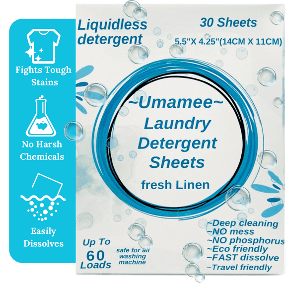 Umamee Laundry Detergent Sheets, Fresh Scent,  Eco-Friendly, 30 Count(5.5"X 4.25"), 60 Loads
