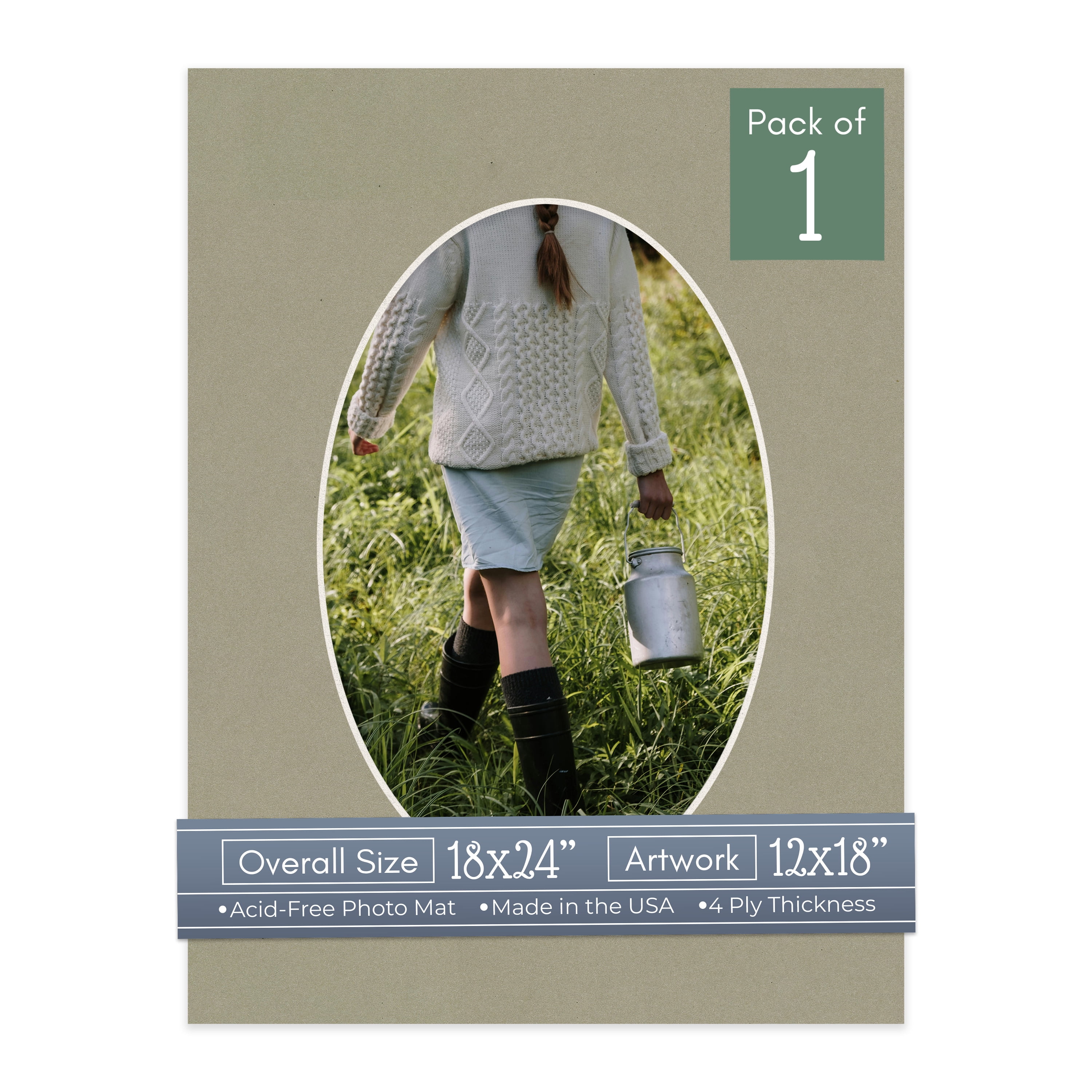 Umber Green Picture Frame Mat for 18x24 Frames - Oval Opening for 12x18 Photos - 1 Mat