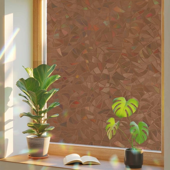 Umber Window Privacy Film, Brown Solid Color Background Autumnal Rustic Minimalist Stained Glass Rainbow Film Decorative Window Clings, Static Cling Sun Blocking Stickers 17.7" x 39.3"