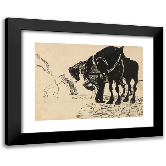 Umberto Boccioni 14x11 Black Modern Framed Museum Art Print Titled - Three Horses Tended by Men (1910)