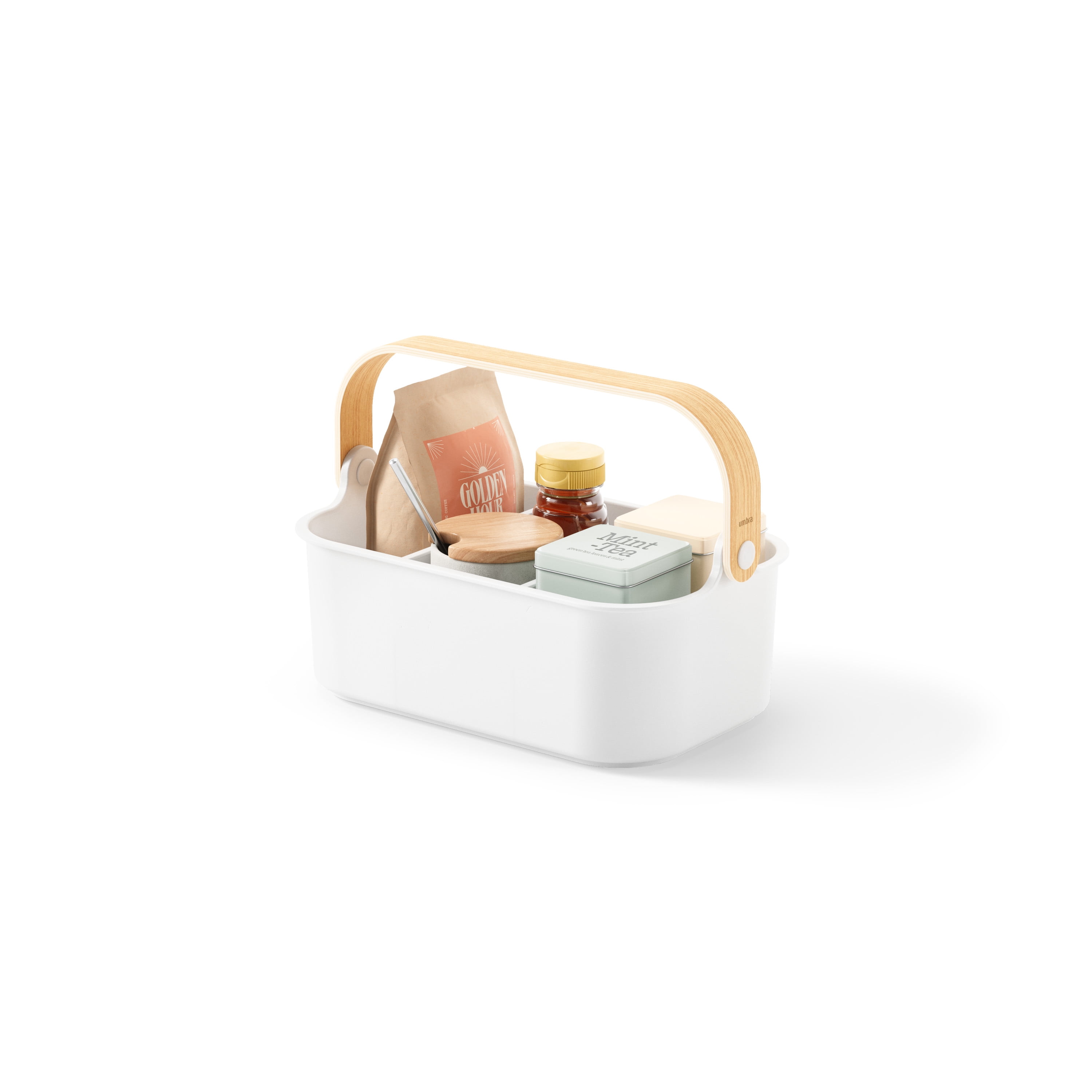 White and Natural Stackable Plastic Organizer Bin with Handle