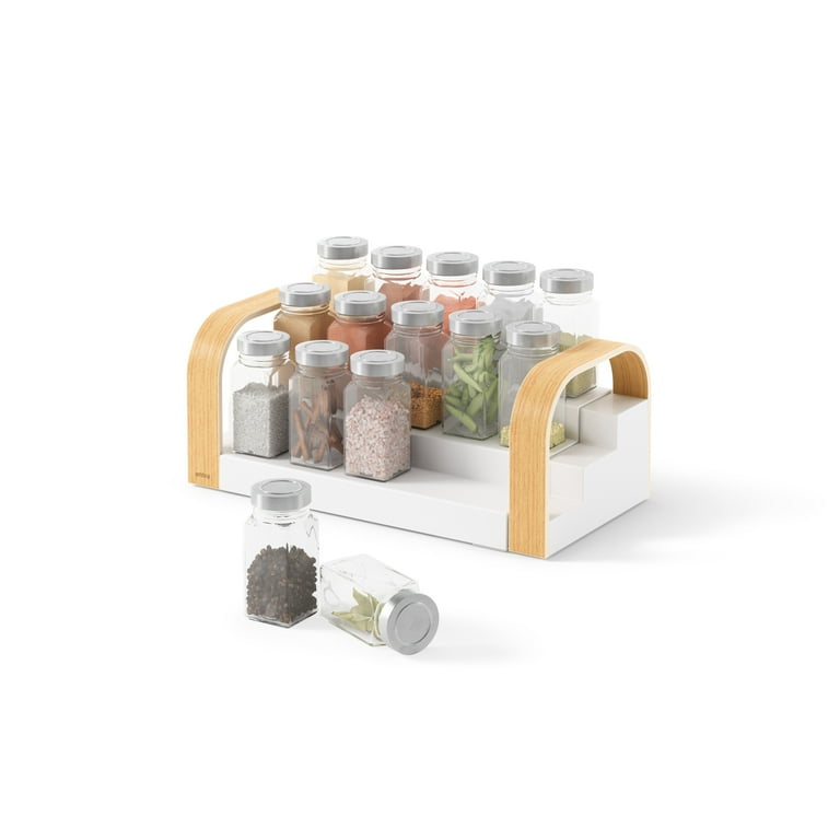 Wooden Spice Glass Jars Organizer - Expandable 3-Tier Shelf