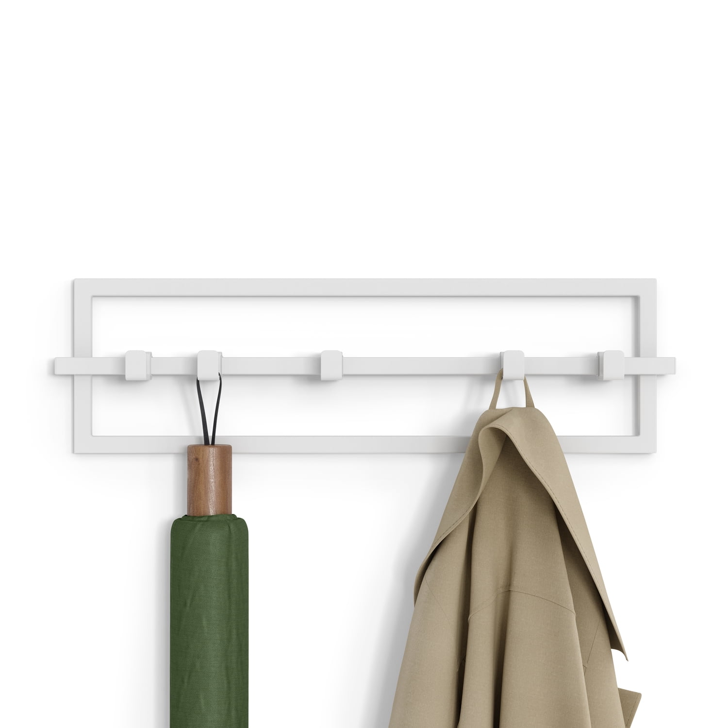 White Steel Wall-Mounted Hook Rail with 5 Adjustable Hooks