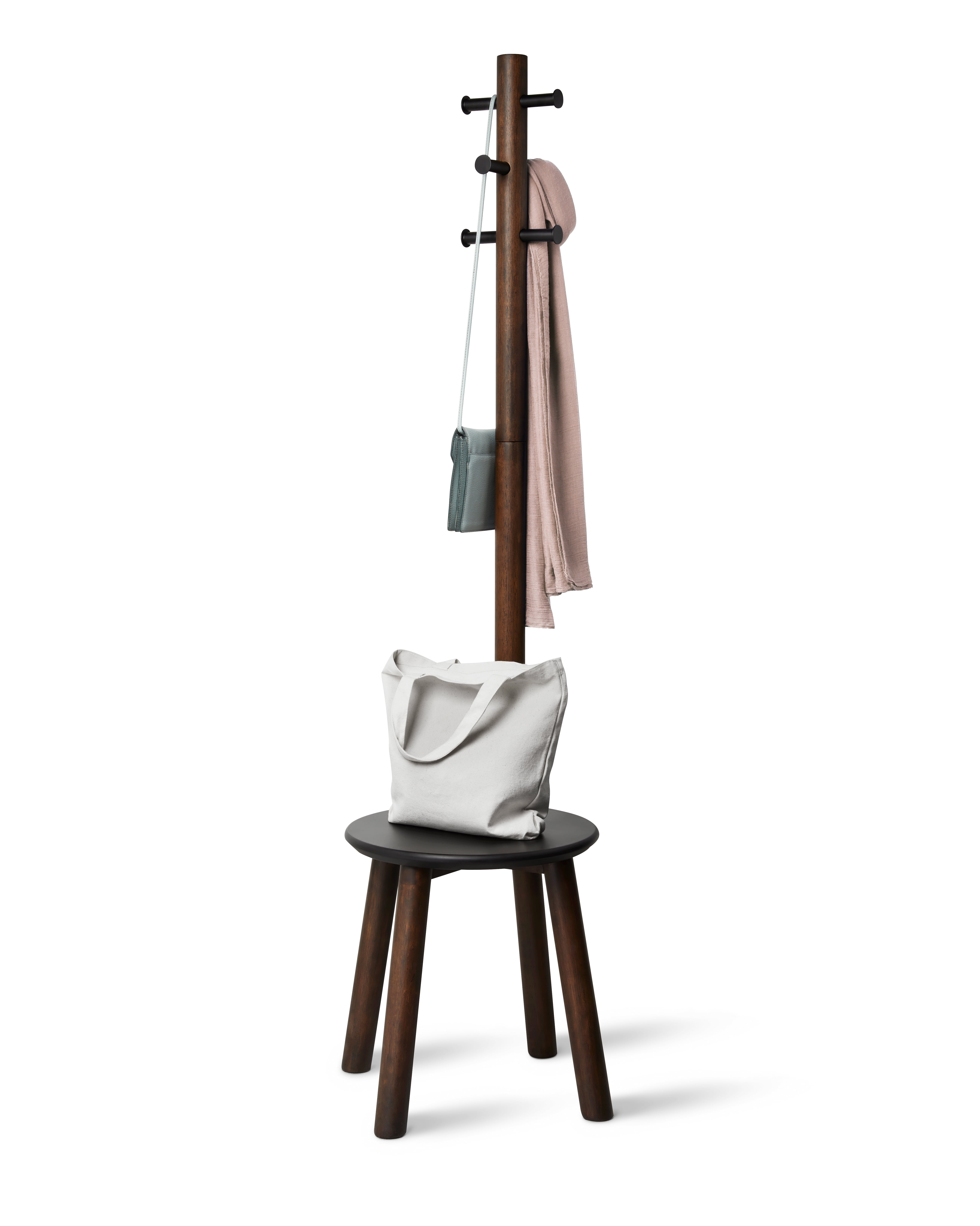 Black and Walnut Multifunctional Coat Rack with Integrated Stool
