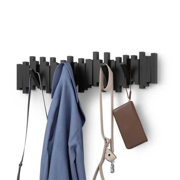Umbra Sticks Wall-Mounted Coat Rack Rail Hook with 8 Retractable Pegs Modern, Space-Saving Storage Organizer, Black