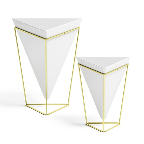 Umbra Trigg Geometric Tabletop Planter Storage Vessel Vase Set of 2 White Brass