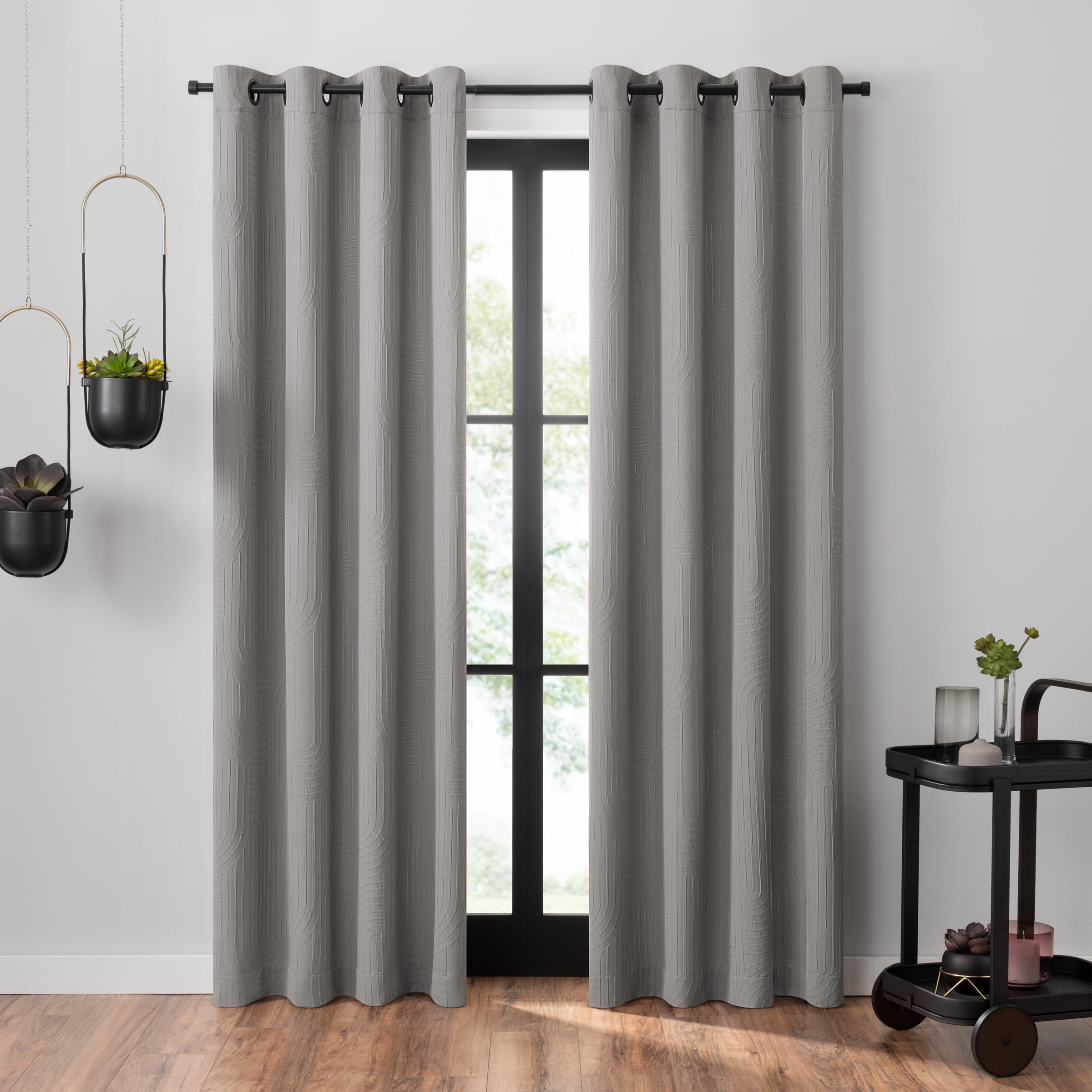 Cement Gray Polyester Wave Geometric Light Filtering Curtain Panel, 84x50