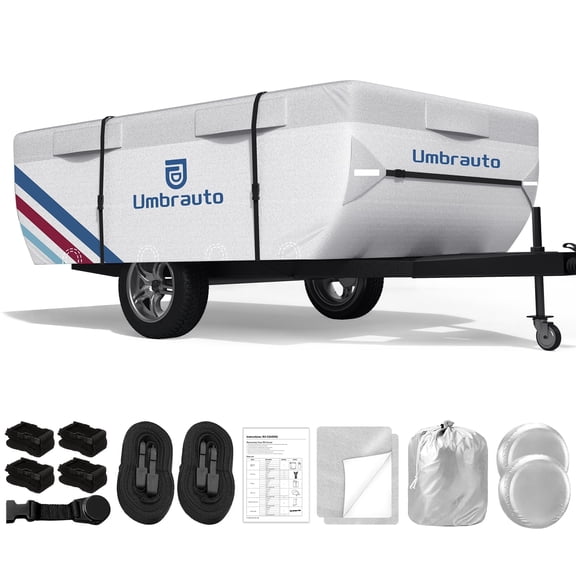 Umbrauto Pop Up Camper Cover for 12'-14' Folding Tent Trailers, 300D Silver Oxford, Waterproof, Windproof, Sun-Resistant, Tear-Resistant, Heavy-Duty RV Cover with Straps & Air Vents