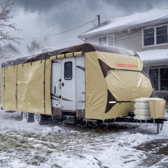 Umbrauto Travel Trailer RV Cover 14' ~ 16' – Upgraded 7-Layer Top Camper Cover, Waterproof & Windproof Heavy Duty Toy Hauler RV Cover for Winter Snow with Tongue Jack Cover, Gutter Covers