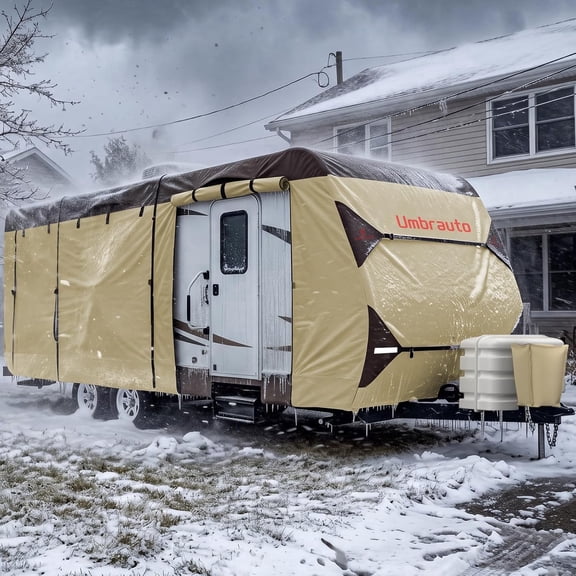 Umbrauto Travel Trailer RV Cover 18' ~ 20' – Upgraded 8-Layer Top Camper Cover, Waterproof & Windproof Heavy Duty Toy Hauler RV Cover for Winter Snow with Tongue Jack Cover, Gutter Covers