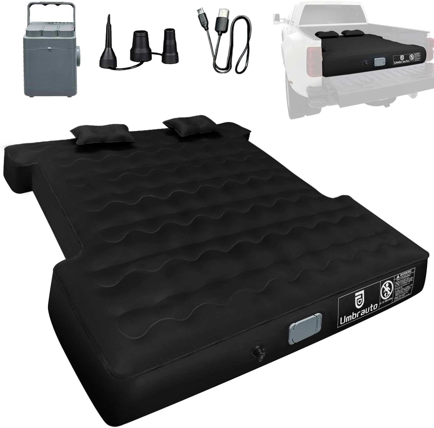 Umbrauto Truck Air Mattress for 6-6.5ft Full Size Truck Bed, Rechargeable Wireless Pump, Upgraded Peach Skin Fabric Top, Pickup Tent Airbed for Outdoor Travel(Black)