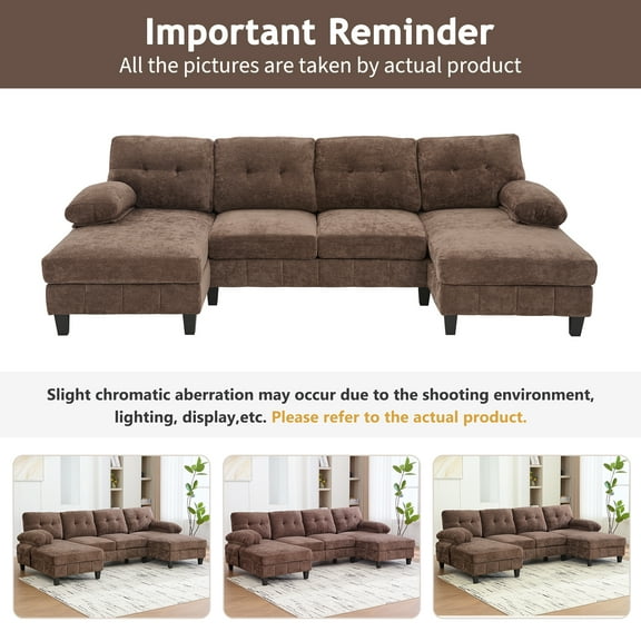 Umbreco 103.5" U-Shaped Sectional Sofa,Modern Chenille Fabric Couch with Dual Sofa,Side Storage Pockets and Armrest Pillows for Living Room,Brown