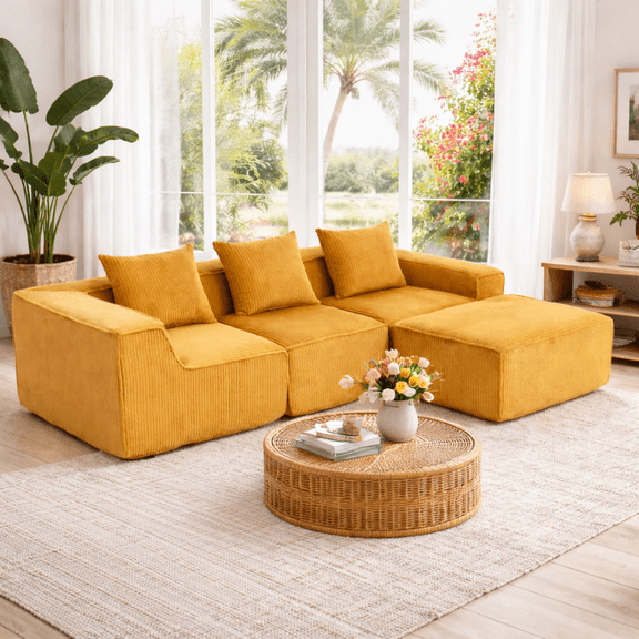 Umbreco 111.5" Couch,Elegant Striped Sectional Sofa,Upholstered Comfy Corduroy Fabric Sofa with 4 Waist Pillow,4 Seater Couch for Living Room,Yellow