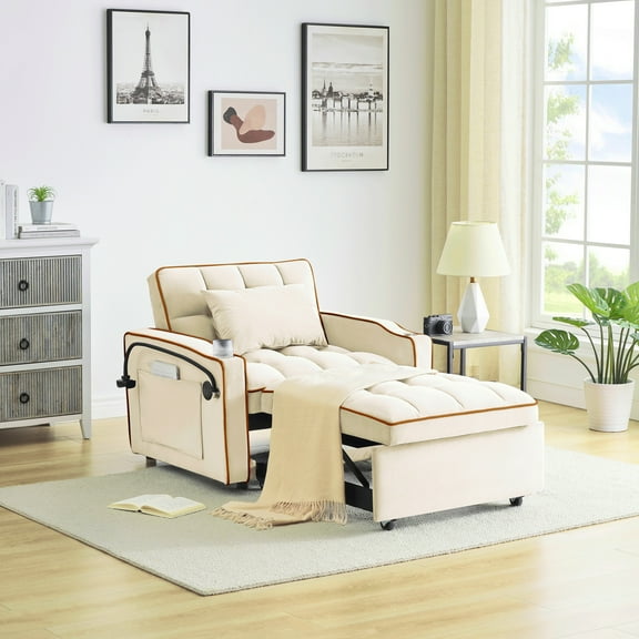 Umbreco 3 in 1 Sleeper Sofa Bed with USB Port,Velvet Convertible Single Sofa Bed with Adjustable Back and Storage,Pull Out Couch with Ashtray and Swivel Phone Stand,Beige
