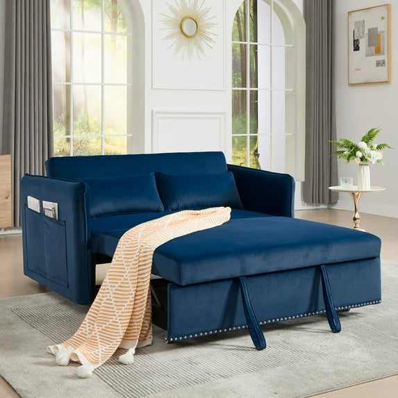 Umbreco 3 in 1 Convertible Sofa Bed,Pull Out Sofa Bed,Modern Velvet Sleeper Couch with Side Pockets & 2 Pillows,Adjustable Reclining Backrest,Blue