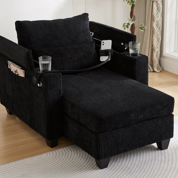 Umbreco 37.4" Sofa Bed with Charge Statio,Phone & Cup Holders,Upholstered Sofa Bed with Pillow,Side Pockets,Couch for Living Room Bedroom,Black