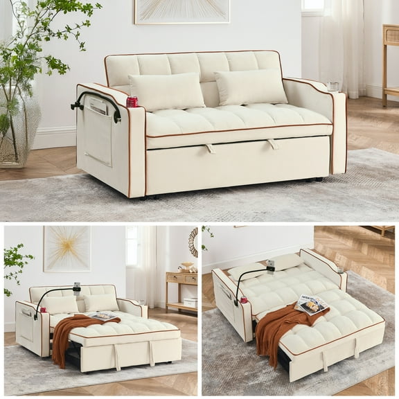 Umbreco 55.5" Convertible Sleeper Sofa Bed,Pull Out Couch,3-in-1 Sofa Bed with USB Ports,2 Cup Holders & Storage Pockets,Swivel Phone Stand,Velvet Couch with Adjustable Backrest,Beige