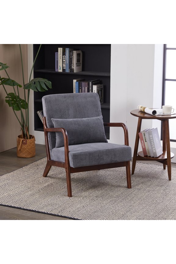 Accent Chair with Waist Cushion and Upholstered,Ergonomic Reading Accent Chair with Solid Rubberwood Frame for Living Room Bedroom,Dark Grey